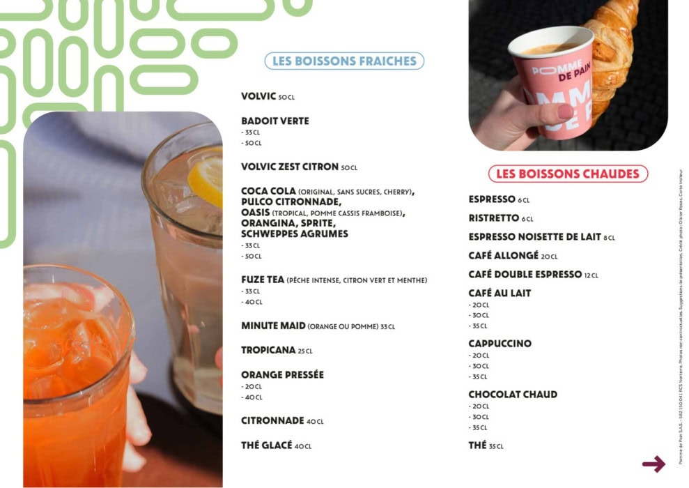 Carte et menu de Pomme de Pain à Steenvoorde — Boissons fraiches et boissons chaudes