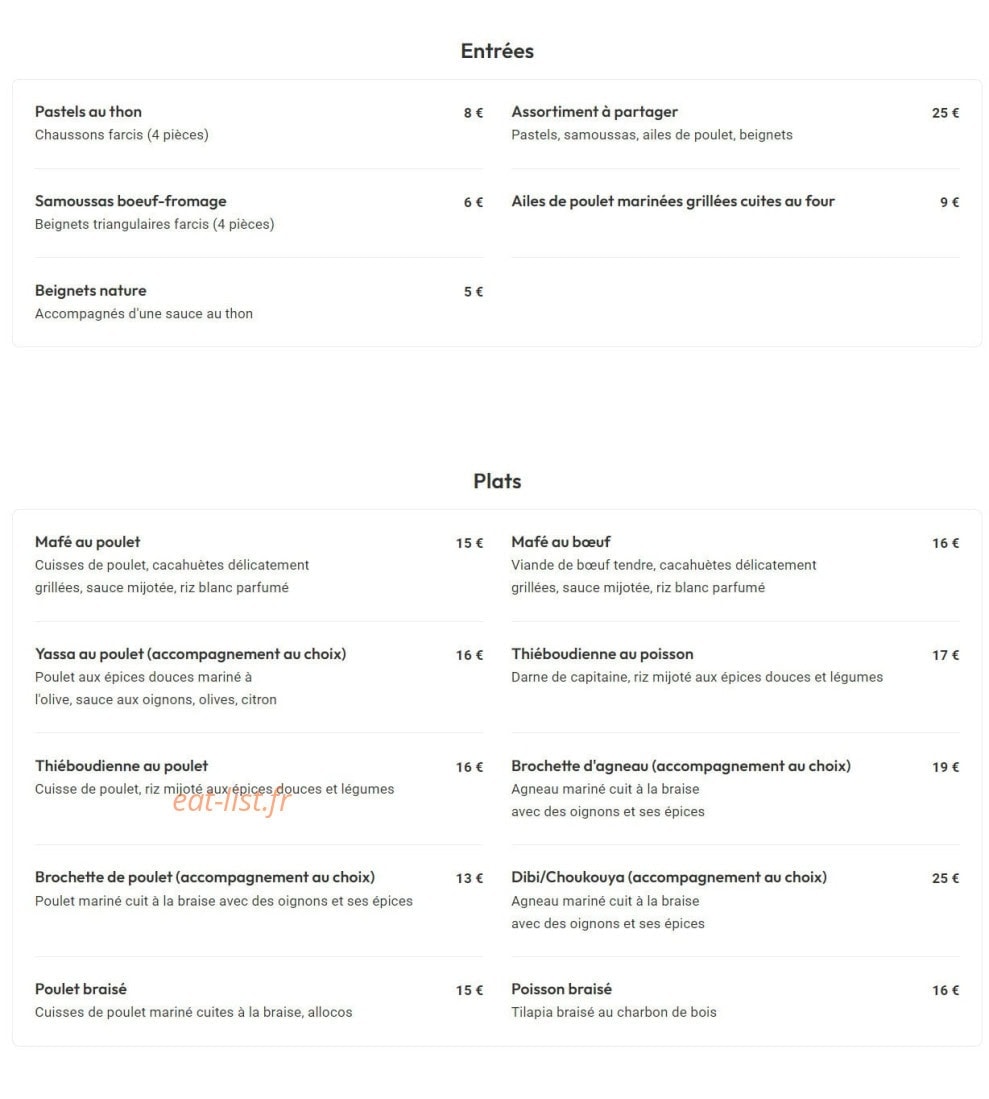 Waris Restaurant — carte page 1