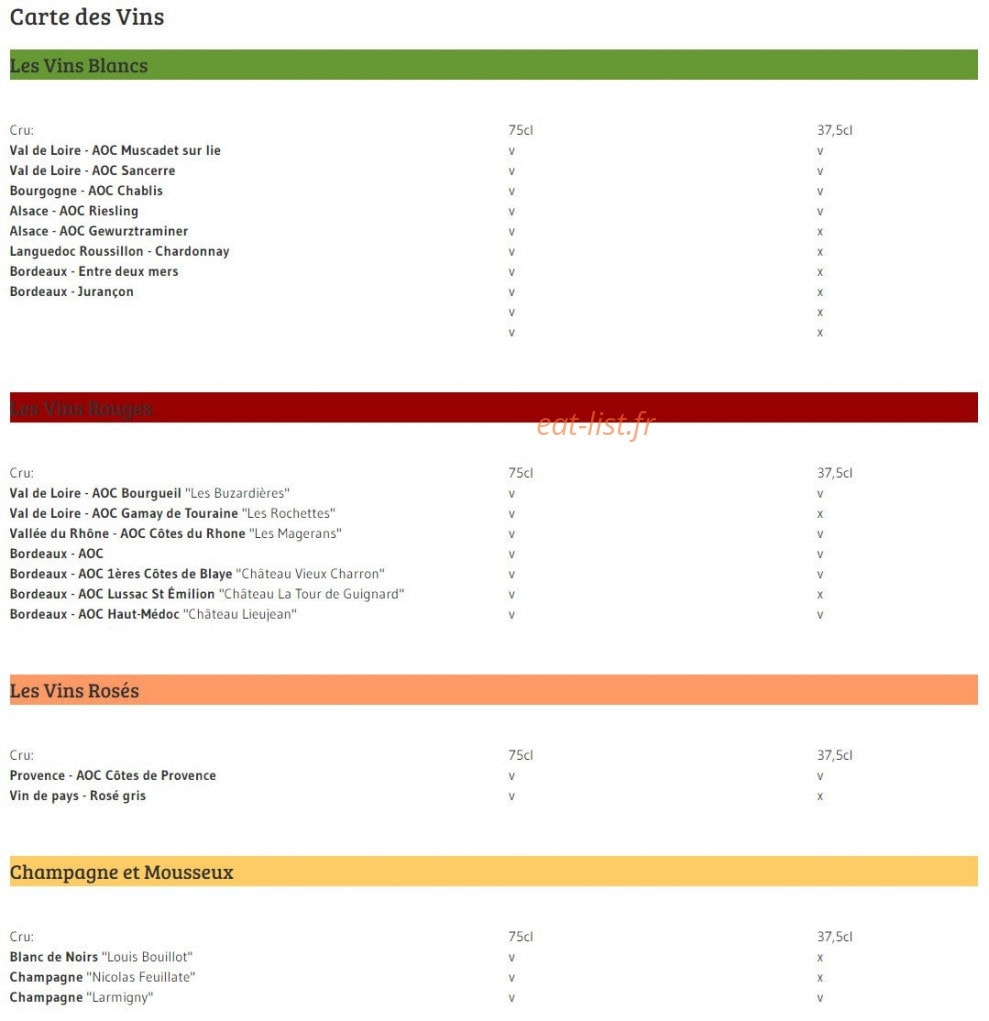 Carte et menu de Au Vent des Globes à Bray Dunes — Les vins