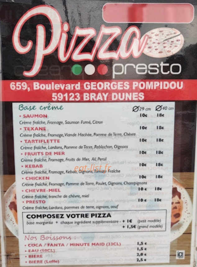 Pizza Presto — carte page 1