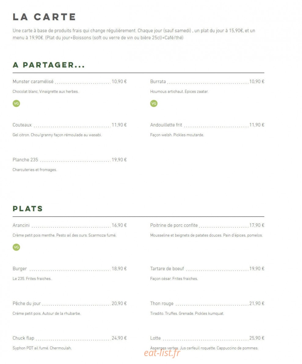 Bistrot 235 — carte page 1