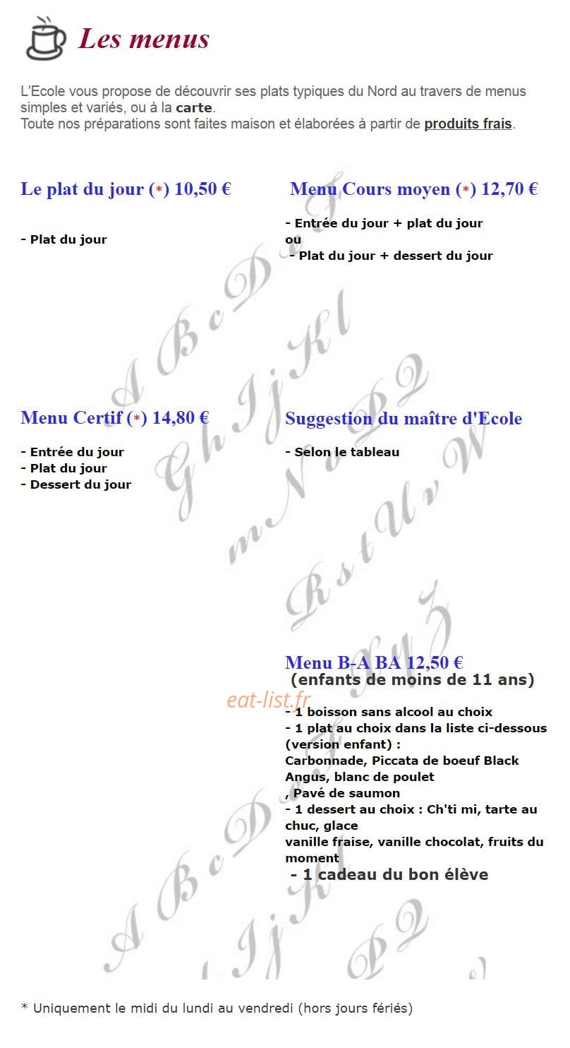 Estaminet L'Ecole — carte page 1