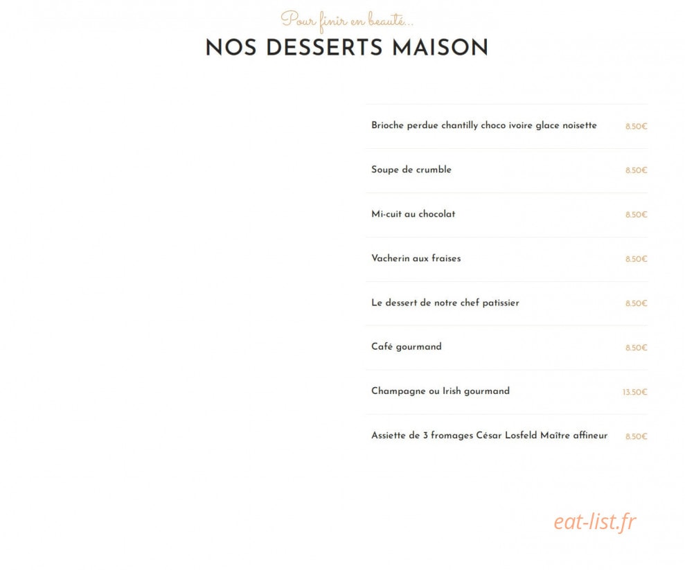 Carte et menu de Auberge des Vieilles Poutres à Fournes en Weppes — Les desserts