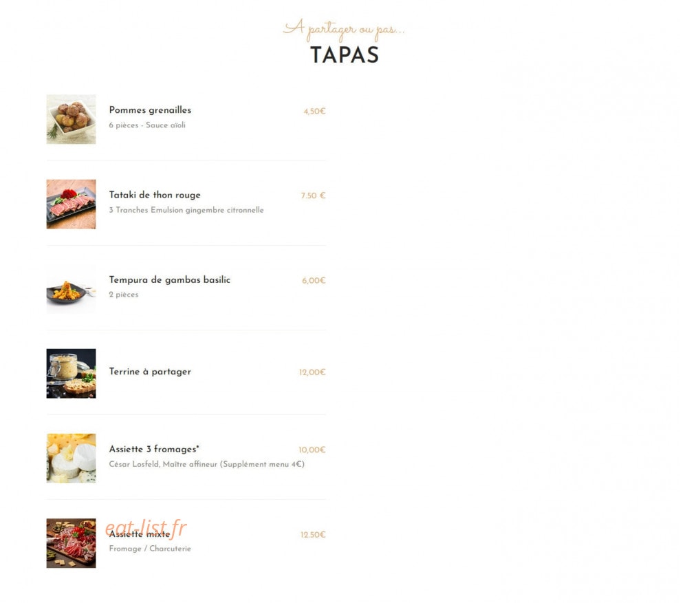 Carte et menu de Auberge des Vieilles Poutres à Fournes en Weppes — Les tapas