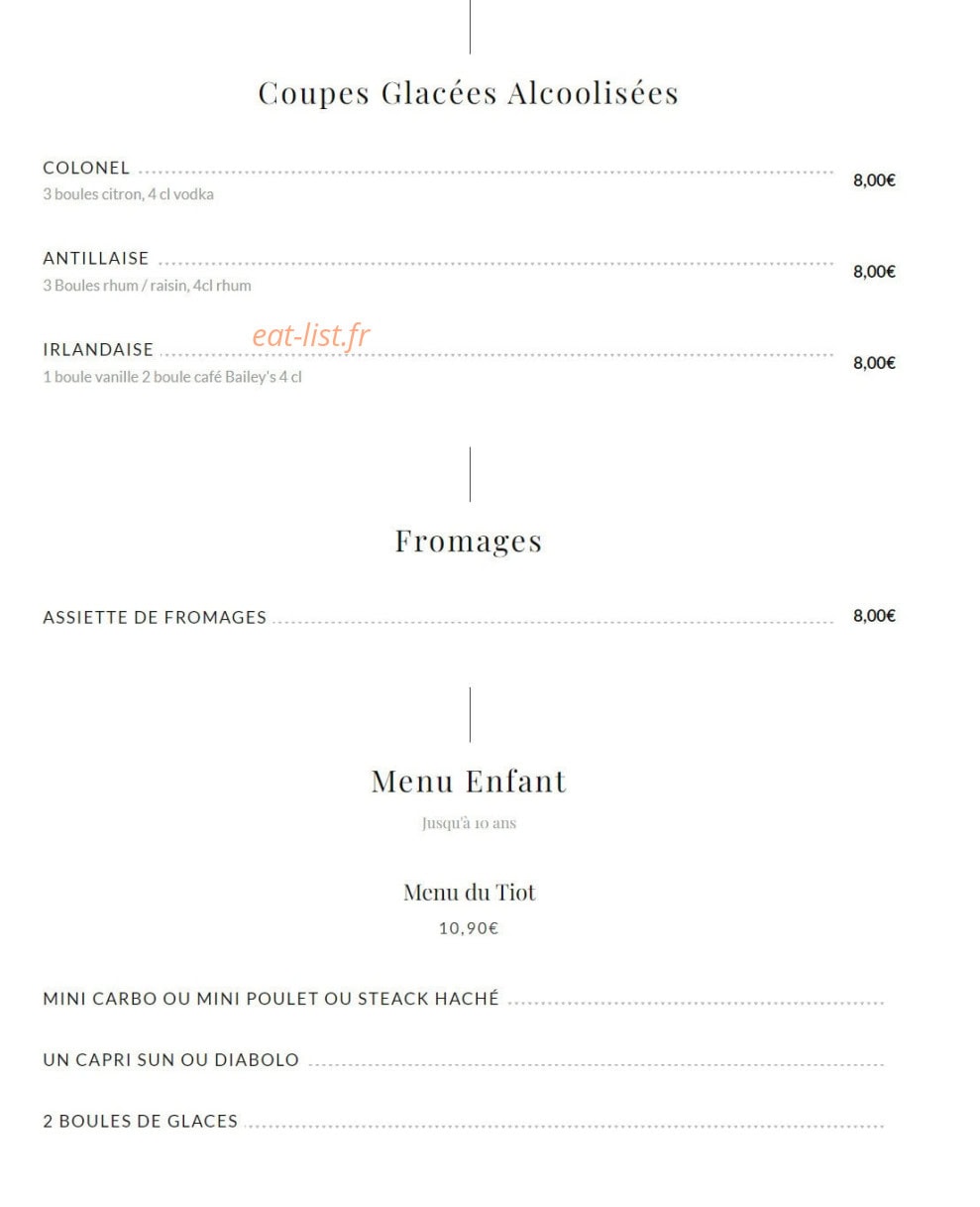 Carte et menu de Estaminet Les Quatre Chemins à Herlies — Coupes glacées alcoolisées, fromages et menu enfant