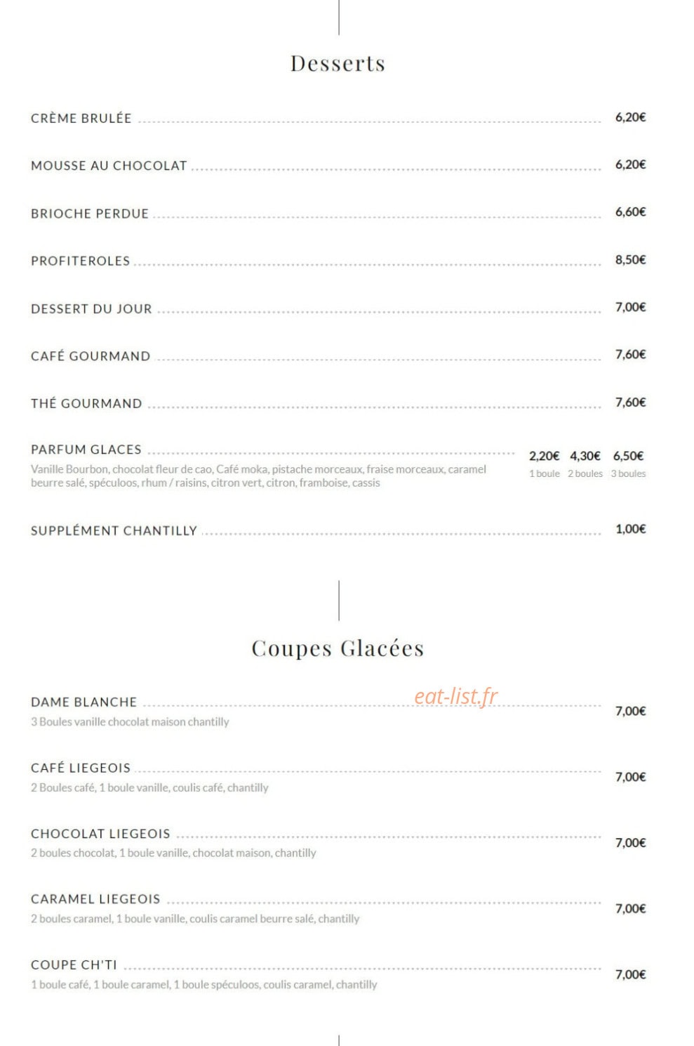 Carte et menu de Estaminet Les Quatre Chemins à Herlies — Les desserts et coupes glacées