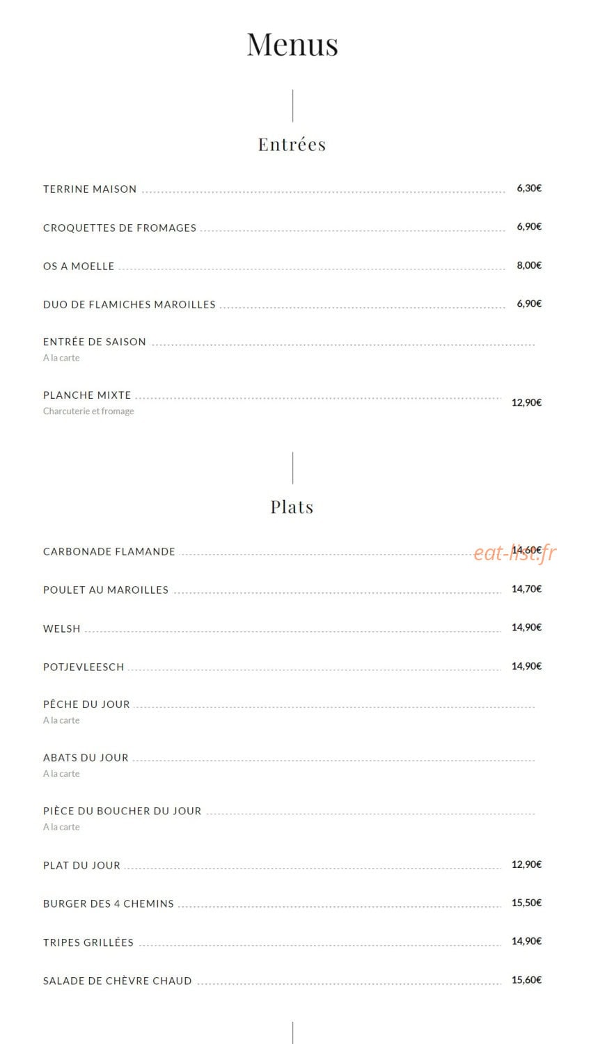 Carte et menu de Estaminet Les Quatre Chemins à Herlies — Les entrées et plats