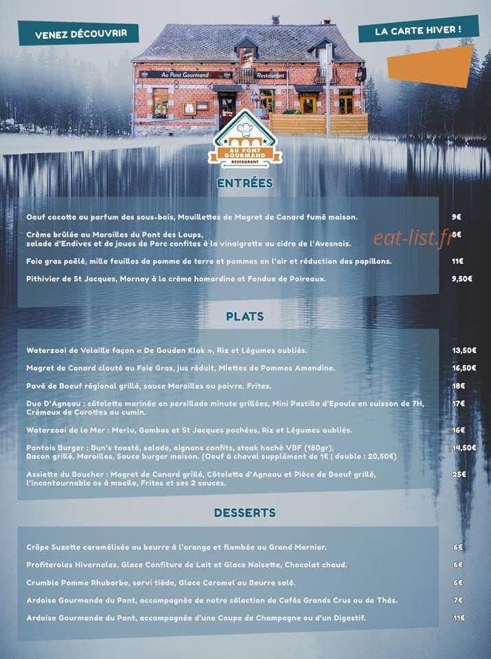Carte et menu de Au Pont Gourmand à Pont sur Sambre — Entrées, plats et desserts