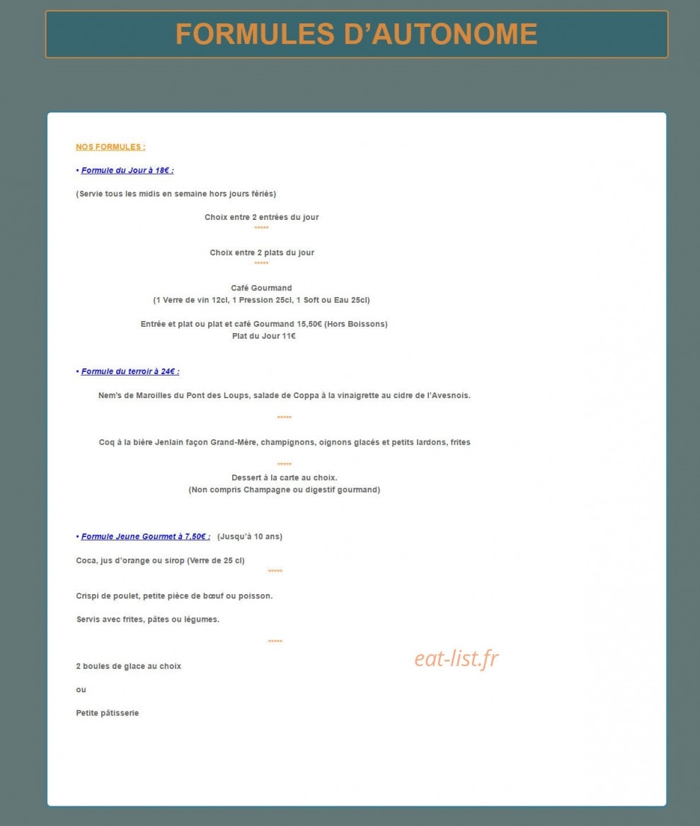 Carte et menu de Au Pont Gourmand à Pont sur Sambre — Formules d'autonome