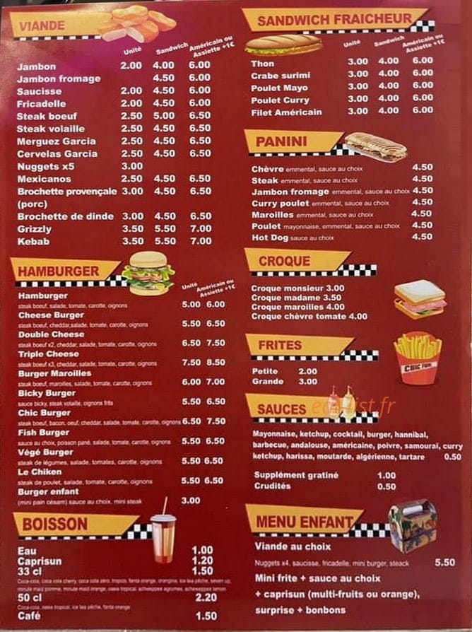 Chic Frite — carte page 1
