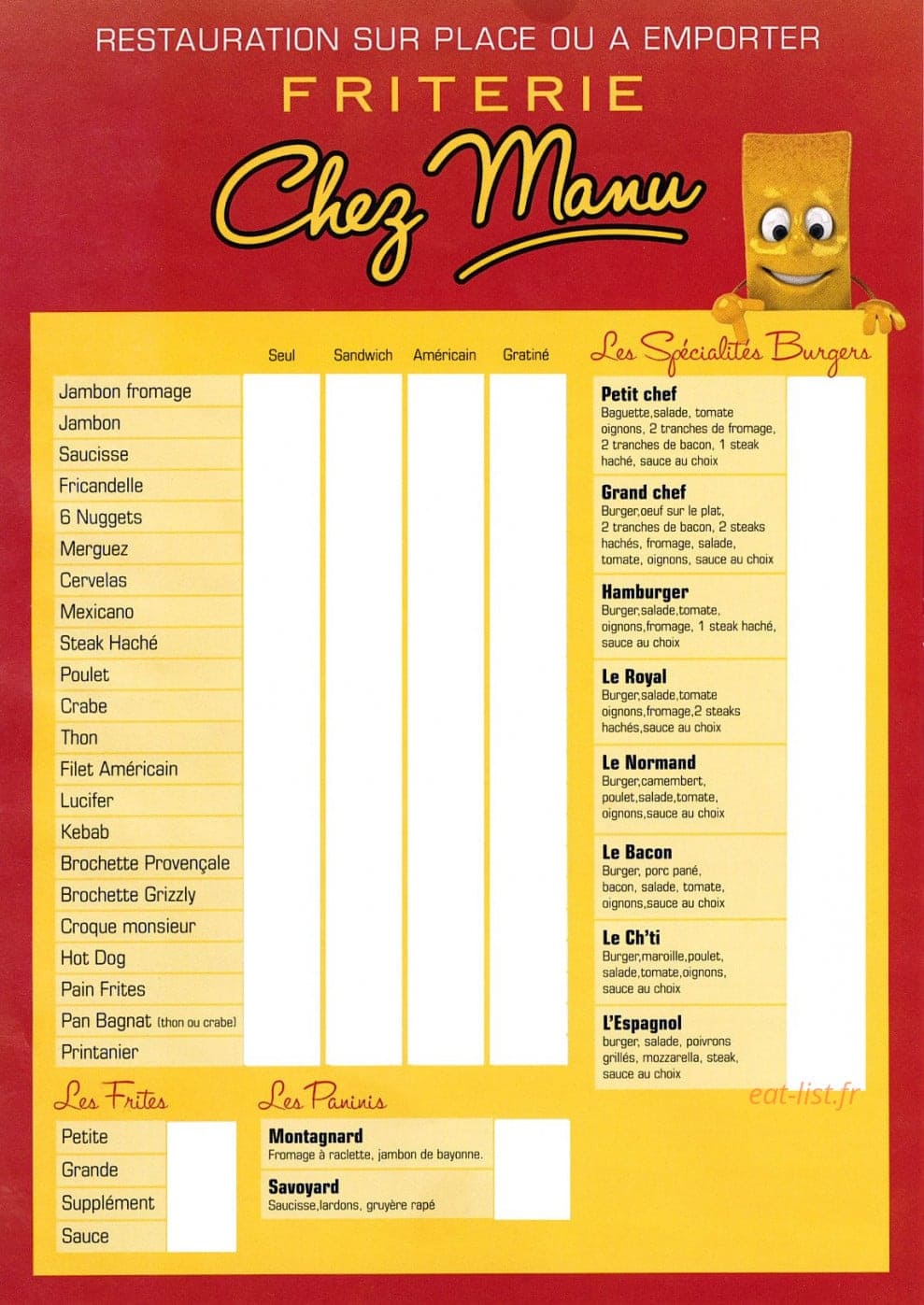 Friterie Chez Manu — carte page 1