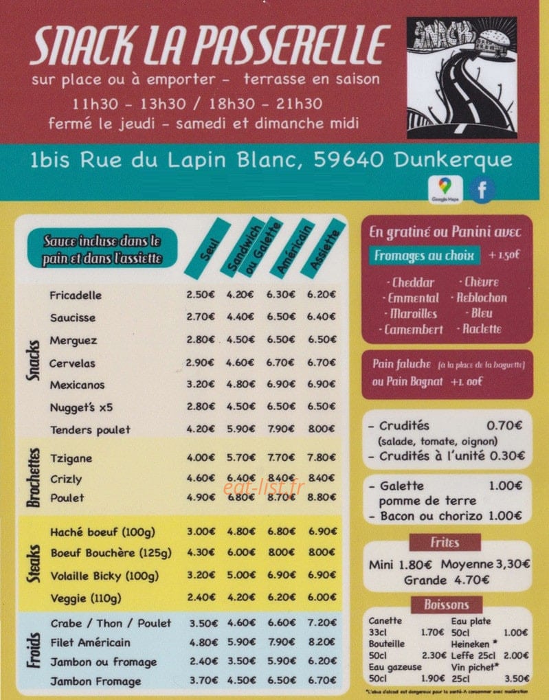 Snack la Passerelle — carte page 1