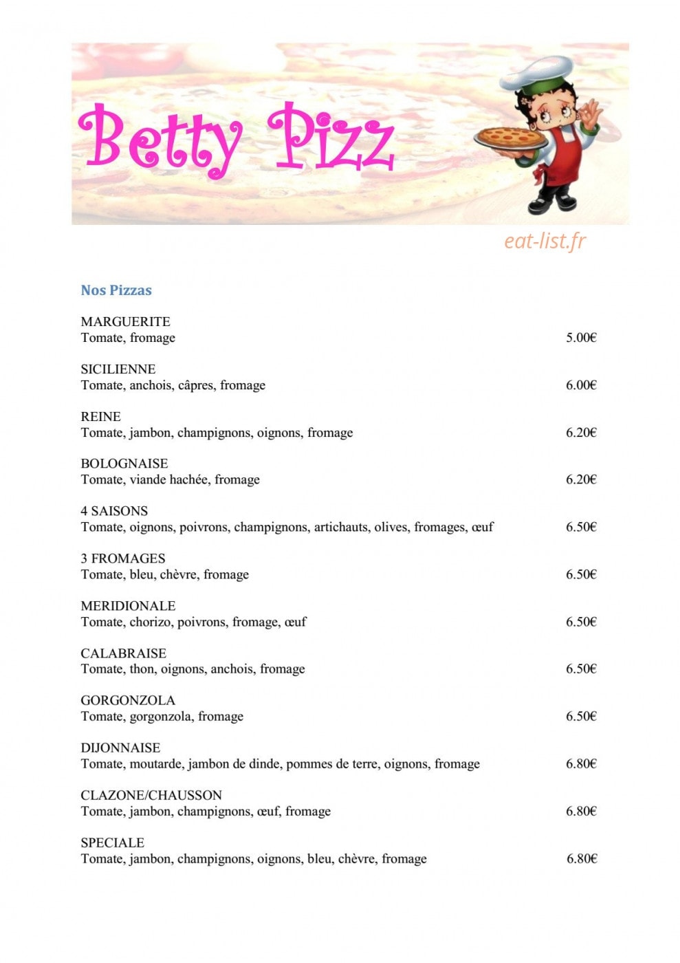 Betty Pizz — carte page 1