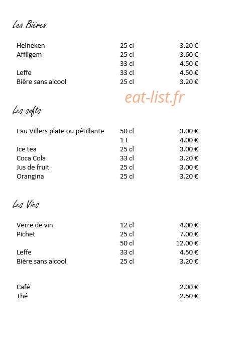 Carte et menu de La Buissonnière à Beauvois en Cambresis — les bières , softs et vins