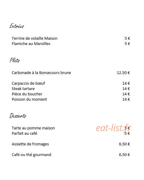 Carte et menu de La Buissonnière à Beauvois en Cambresis — les entrées et plats, desserts