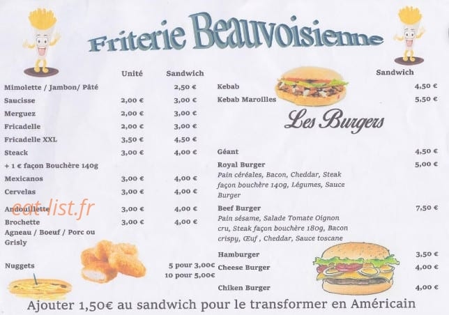 Carte et menu de La Friterie Beauvoisienne à Beauvois en Cambresis — les sandwiches et burgers