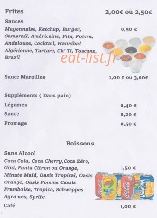 Carte et menu de La Friterie Beauvoisienne à Beauvois en Cambresis — les frites et boissons
