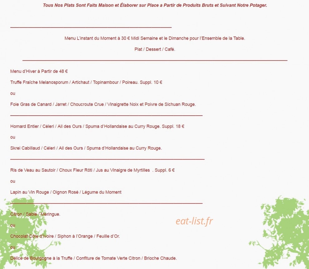 Carte et menu de Le Contemporain à Beauvois en Cambresis — Menus
