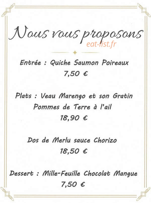 Carte et menu de Le Jeune Bois à Beauvois en Cambresis — La carte