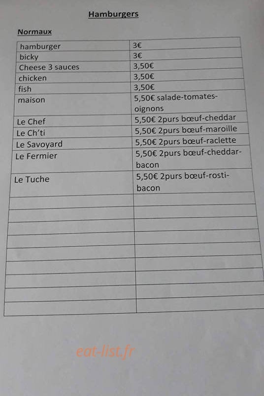 Carte et menu de La friterie de la place à Mortagne du Nord — Hamburgers