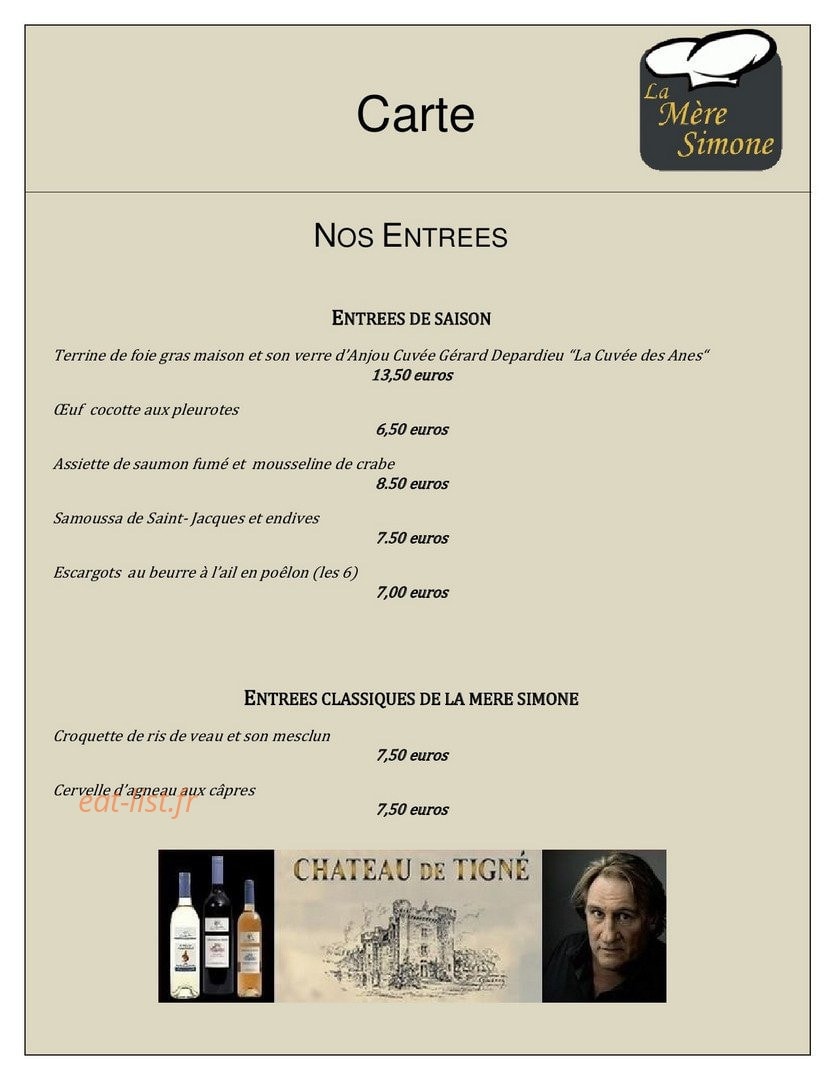 Restaurant La Mère Simone — carte page 2