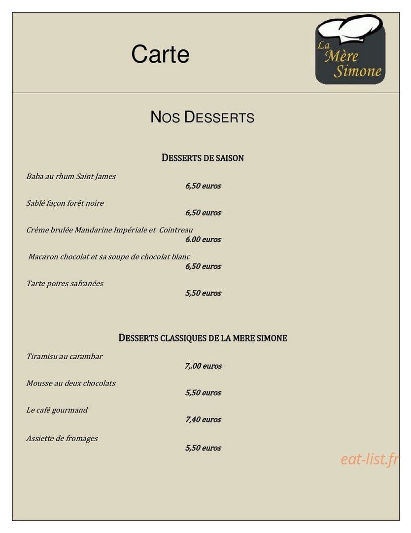 Restaurant La Mère Simone — carte page 4