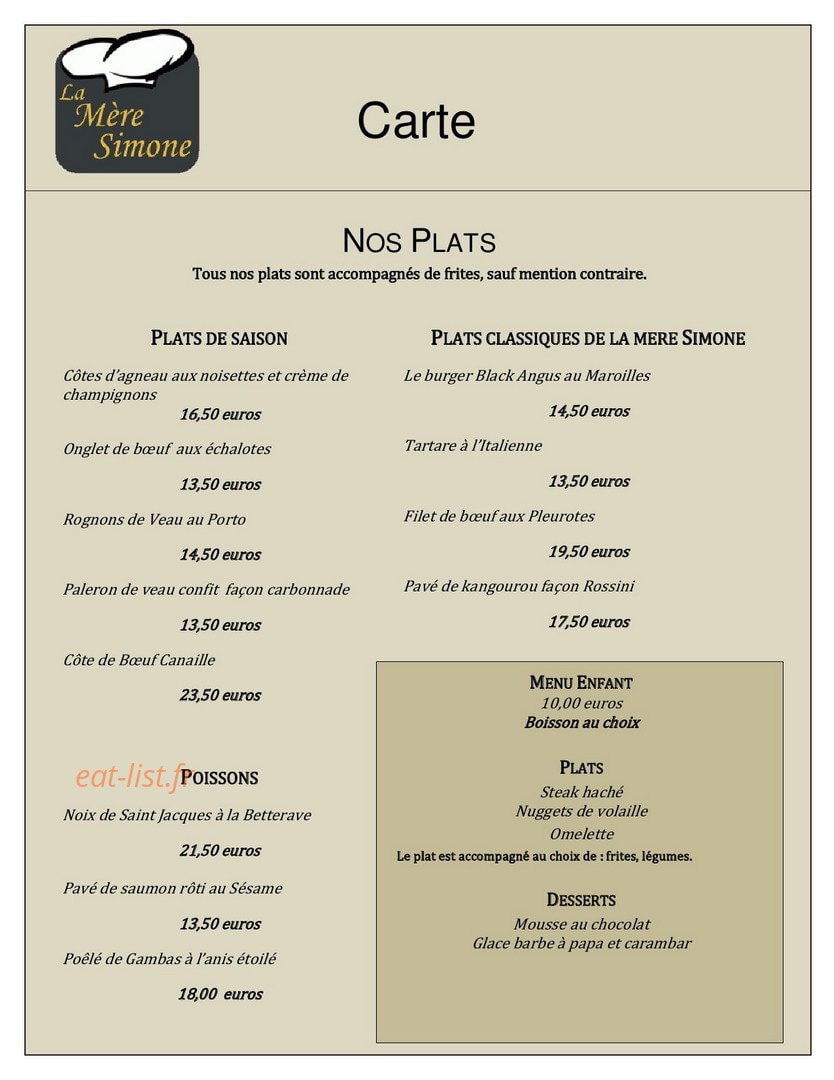 Restaurant La Mère Simone — carte page 3