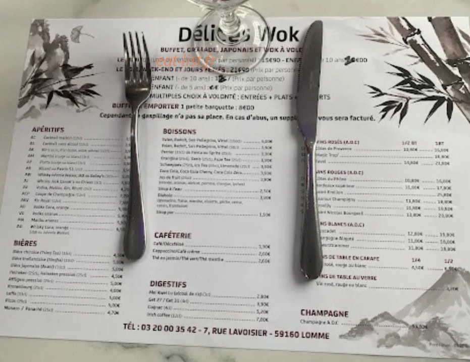 Carte et menu de Delices Wok à Lomme — La carte des boissons