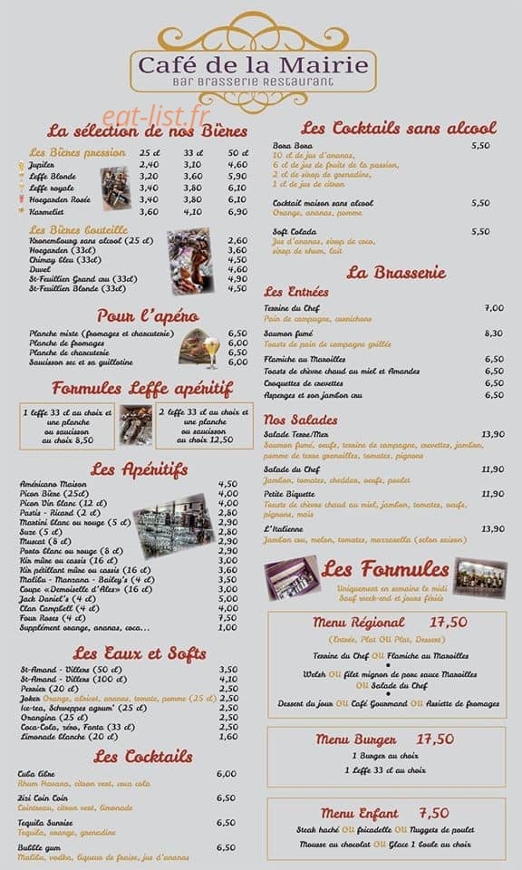 Carte et menu de Cafe De La Mairie à Conde sur l'Escaut — Les salades, aperitifs et formules,...