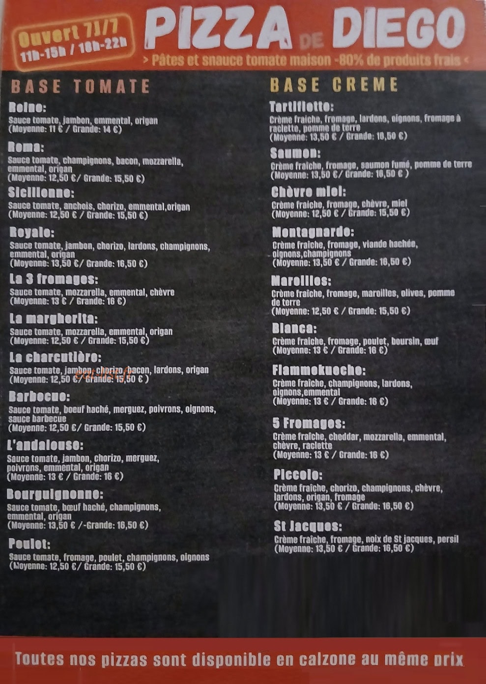 Carte et menu de Pizzeria do diego à Montigny en Ostrevent — Les pizzas