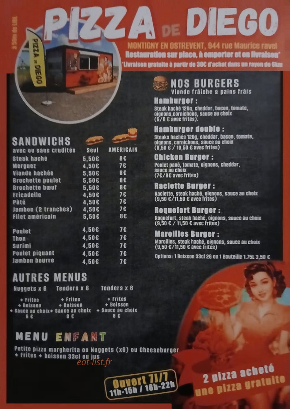 Carte et menu de Pizzeria do diego à Montigny en Ostrevent — Sandwichs et burgers