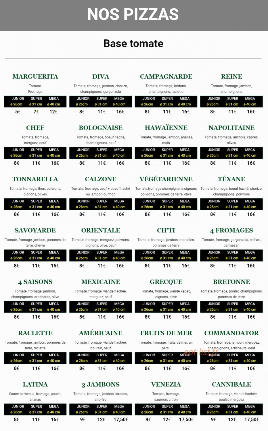 Subito Pizza — carte page 1