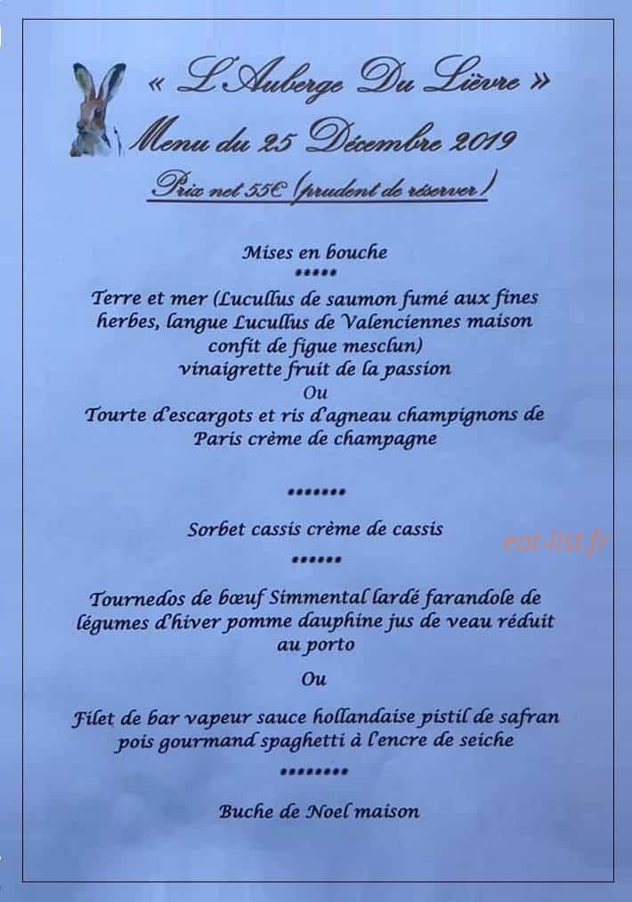 Carte et menu de Auberge du lièvre à Bruille Saint Amand — Carte de fin d'année