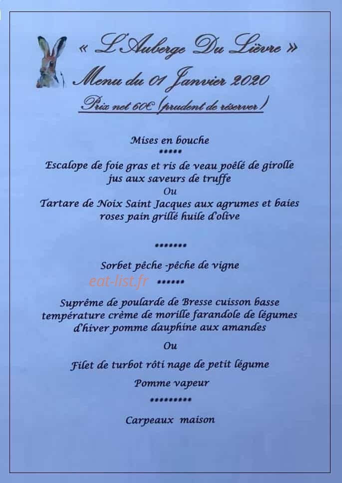 Carte et menu de Auberge du lièvre à Bruille Saint Amand — Carte du nouvel an