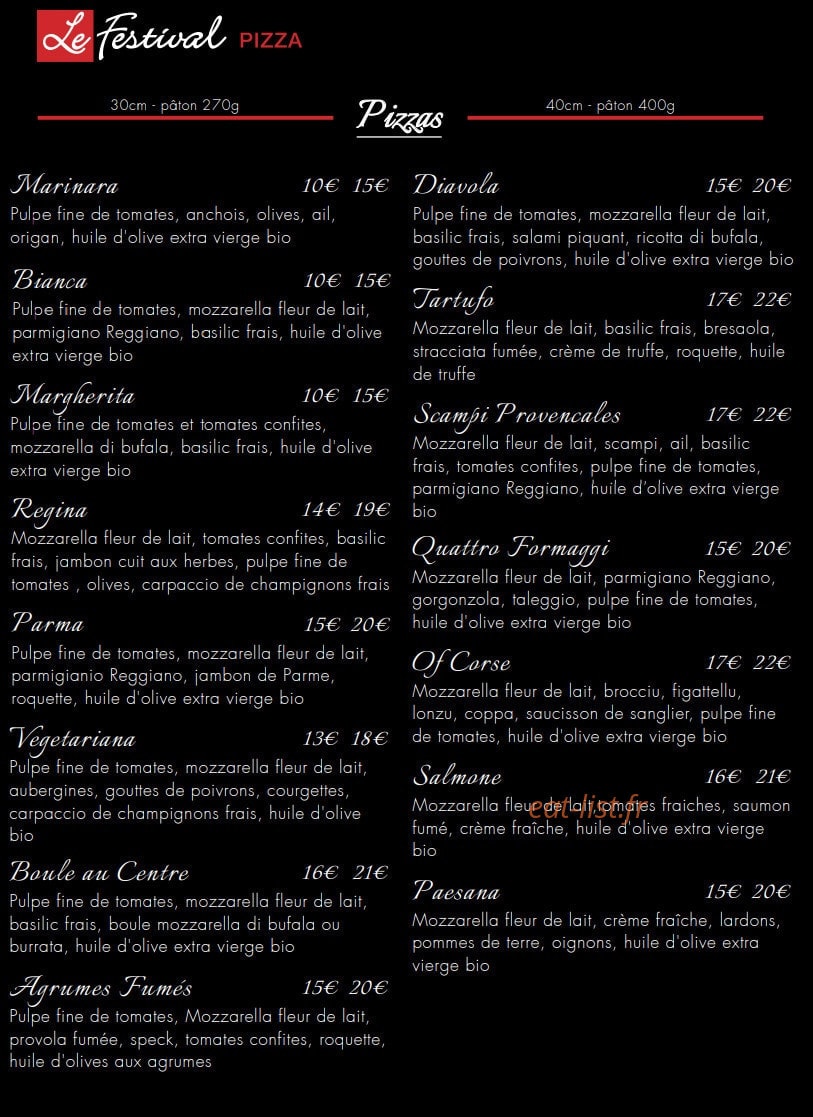 Le Festival Pizza — carte page 1
