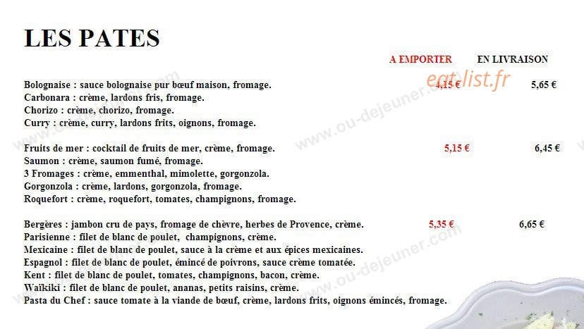 Carte et menu de Tout Feu Tout Flamme à Tourcoing — les pates