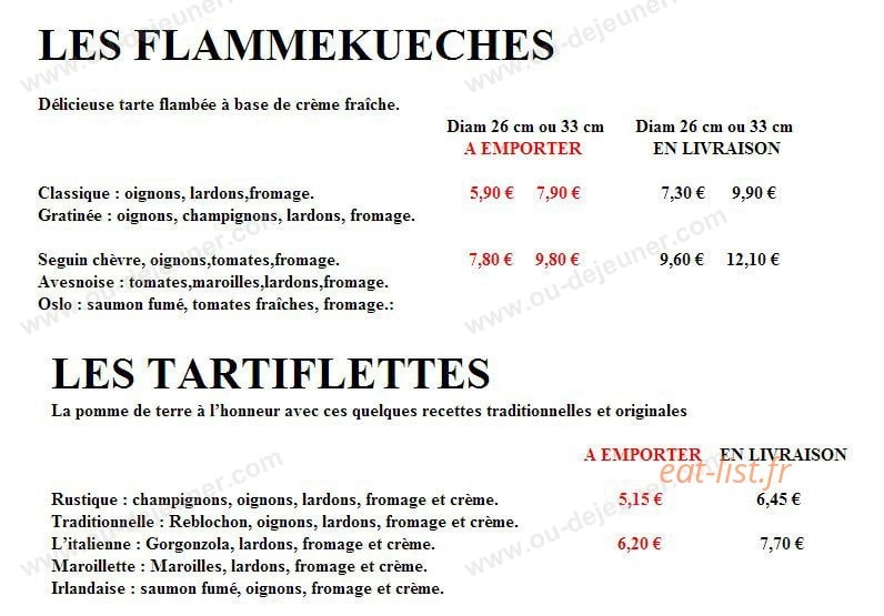 Carte et menu de Tout Feu Tout Flamme à Tourcoing — les flammeckueches, et les tartiflettes