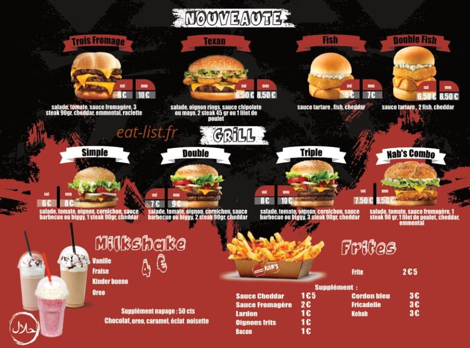 Nabs Burger — carte page 1