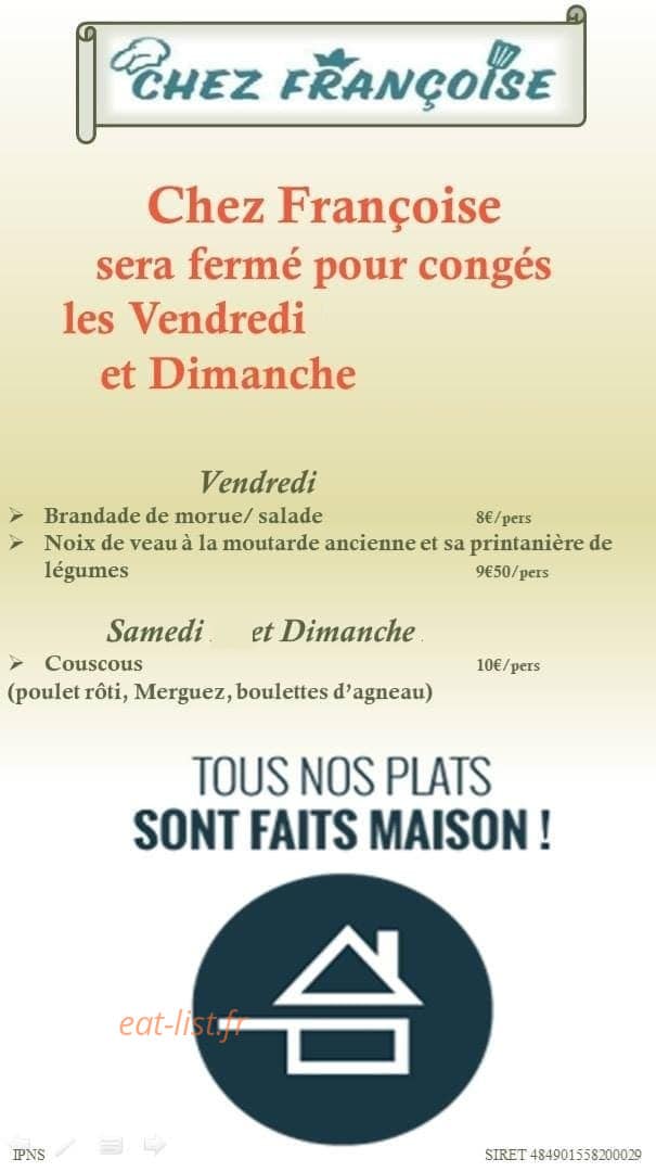 Carte et menu de Chez Françoise à Croix Caluyau — Un exemple de plats de la semaine