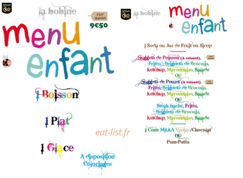 Carte et menu de La Bobine à Téteghem-Coudekerque-Village  — Le menu enfant