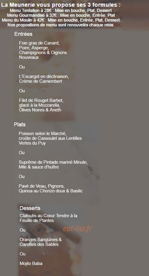 Carte et menu de La Meunerie à Téteghem-Coudekerque-Village  — Les formules, entrées, plats et desserts