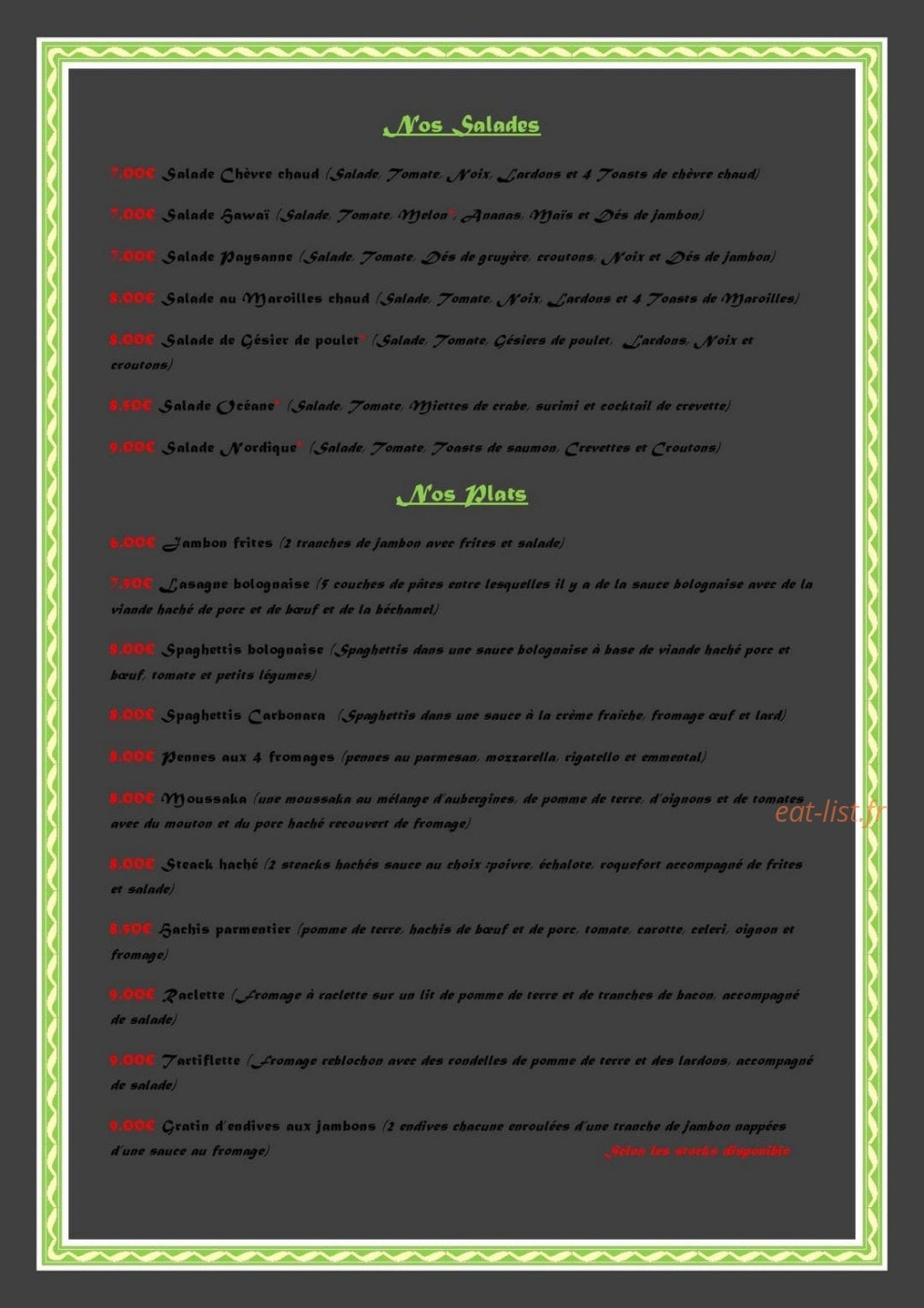 Carte et menu de A la bonne franquette à Malo les Bains — Les salades et plats