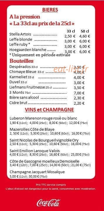 Carte et menu de A la bonne franquette à Malo les Bains — Les bières, vins et champagnes