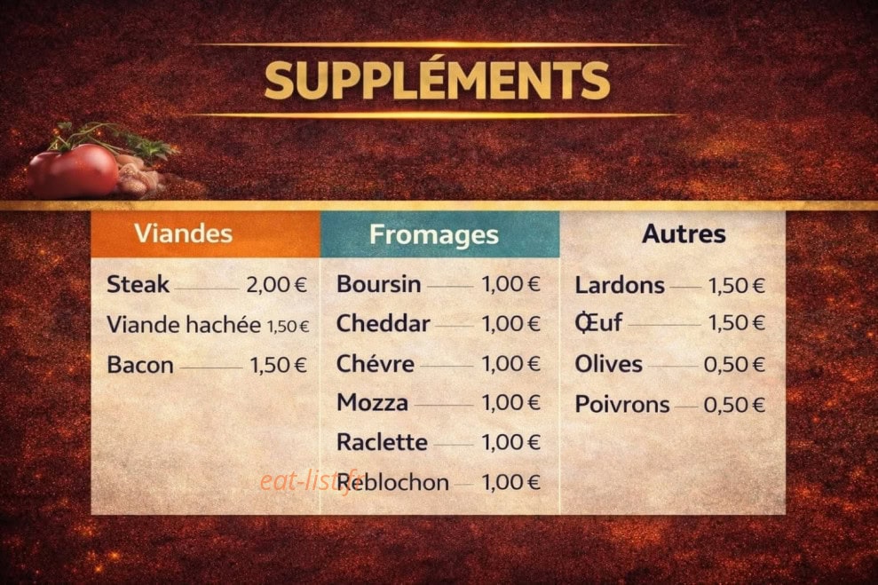 Carte et menu de Le Royal à Allennes les Marais — Suppléments