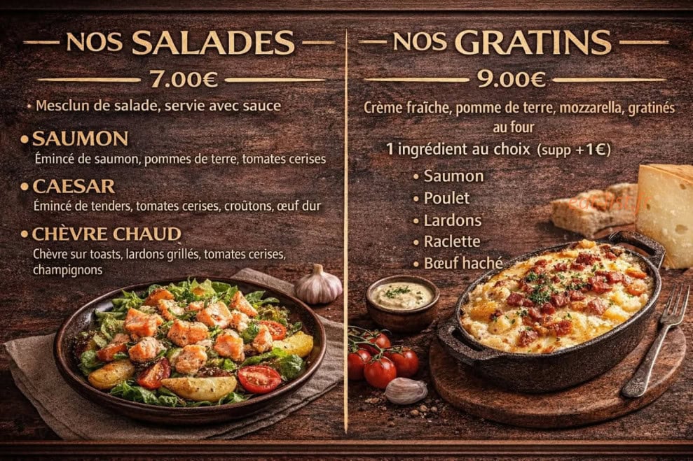 Carte et menu de Le Royal à Allennes les Marais — Salades et gratins
