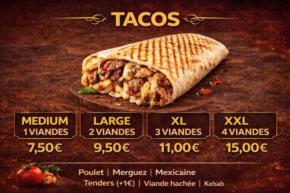 Carte et menu de Le Royal à Allennes les Marais — Tacos
