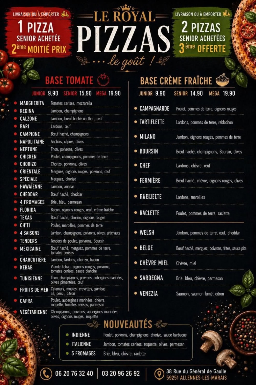 Carte et menu de Le Royal à Allennes les Marais — La carte des pizzas