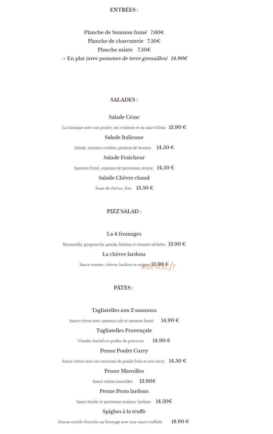 Le S'park Restaurant — carte page 1