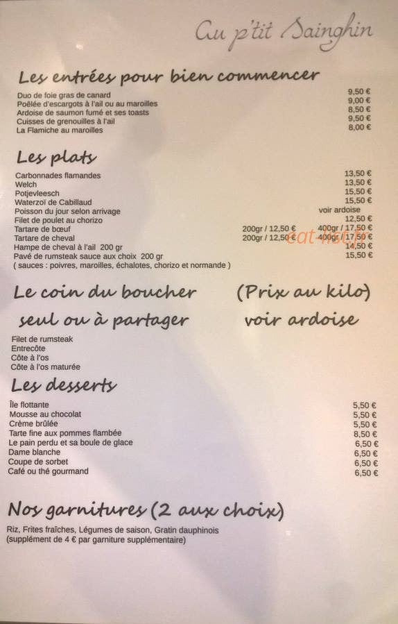 Carte et menu de Au P'tit Sainghin à Sainghin en Melantois — Entrées, plats, desserts