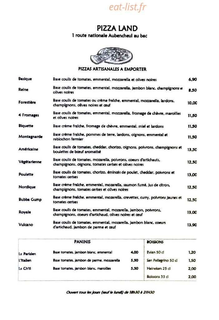 Pizza Land — carte page 1